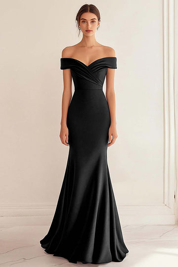 Black Satin Long Off the Shoulder Mermaid Ruched Formal Dress